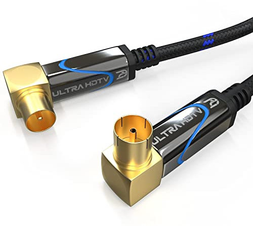 Ultra HDTV Cavo antenna TV da 15m, cavo coassiale da spina coassiale (angolo 90°) ad accoppiamento coassiale (angolo 90°), spina metallica per DVB-T e DVB-T2, DVB-C, DVB-S, DVB-S2, radio, FM, DAB