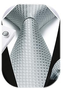 HISDERN Herren sliver Plaid Hochzeit Krawatte Einstecktuch KrawattenTaschentuch Manschettenknöpfe Set