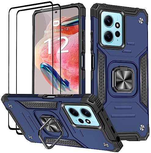 KANSi Coque pour Xiaomi Redmi Note 12 4G (6.67), Verre Trempé [2 Pièces] + Housse TPU Silicone Rotation 360° Aimant Anneau Support Double Défense Protection Etui - Bleu