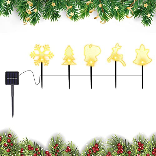 JAWSEU 5 Pcs Solar Weihnachtslichter Außen, Solar Lichterkette LED Garten Leuchtstäbe Schneeflocken Weihnachtsbaum Gartenstecker Balkon Weihnachts Deko für Garten, Patio, Terrasse, Hochzeit Party