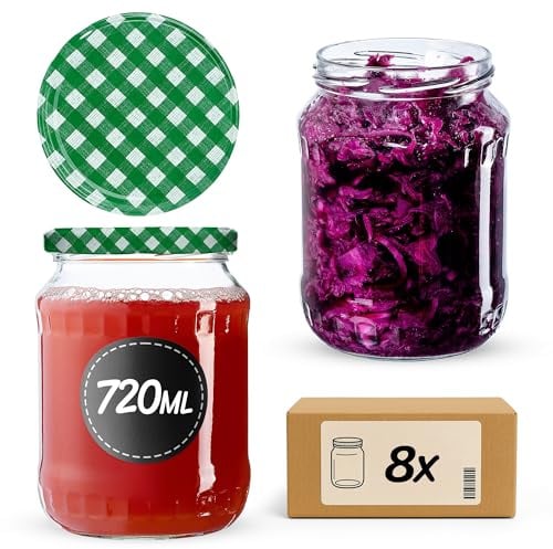 KADAX 8st Einmachgläser 720 ml, ideal zum Einkochen und Aufbewahren, Gläser mit Schraubverschluss, Einkochgläser mit Schraubdeckel, Twist Off to 82, Vorratsgläser zum Einlegen (Grün kariert)
