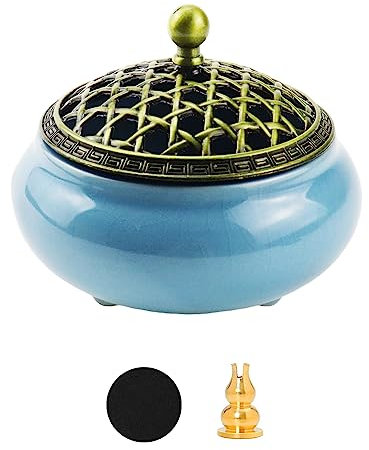 ZXShow Quemador de Incienso de Cerámica Azul Soporte De Incienso De Cerámica Incense Burner con Latón Mini Soporte y Tapa Quemador de Soporte de Incienso para Yoga Sala De Meditación Casa U Oficina