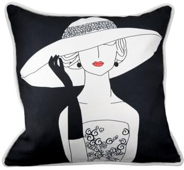GILDE Kissen Lady mit Hut schwarz mit Druck und weißem Rand, Rückseite schwarz bei 30 Grad waschbar Füllung und Hülle 100% Polyester, mit Reißverschluss H: 45 cm B: 45 cm 44902