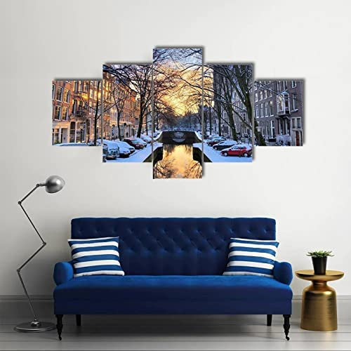 5 teiliges wandbild Winterblick auf die Stadtkanäle von Amsterdam 5 stück leinwand wandkunst,5 teilig leinwand wanddeko,leinwanddruck 5 teilig bilder wohnzimmer modern groß,mit rahmen,xxl 100x55cm