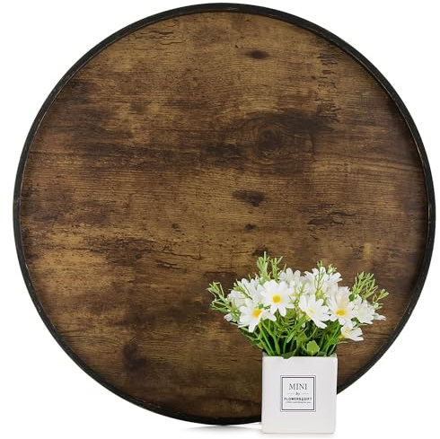 Hanobe Large Serving Tray Round: Decorative Coffee Table Tray for Ottoman Centrepiece Decor - Rustic Wooden Candle Platter for Dining Living Room Footstool 45 cm