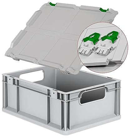 Eurobox NextGen Economy 40x30x17cm Griffe offen mit Scharnierdeckel grau, Kunststoffbox 16 Liter stapelbar Transportbox, Campingbox Farbe Deckel-Verschlüsse wählbar (Verschlüsse Grün)