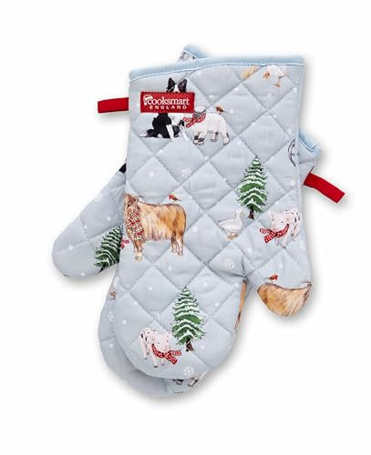 Cooksmart British Designed Christmas Gauntlet Oven Gloves | Festive oven Gloves For All Type of Kitchens | Oven Mitts For Men & Women - Christmas On The Farm