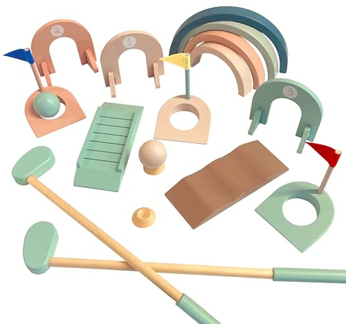 House of Marbles Wooden Indoor Crazy Golf Set for Children & Families, FSC-Certified Wood 3-Hole Mini Golf Game with 2 Putters, 2 Balls, Ramps, Arches and Flags