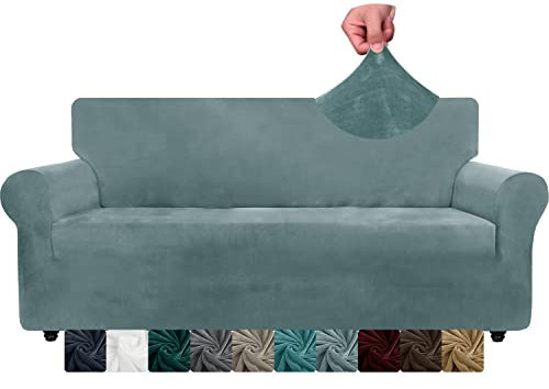 CHELZEN Velvet Couch Covers 3 Seater Thick Stretch Sofa Covers for Dogs Pets Non-Slip Sofa Slipcover Washable Furniture Protector for Living Room (3 Seater, Dusty Blue)