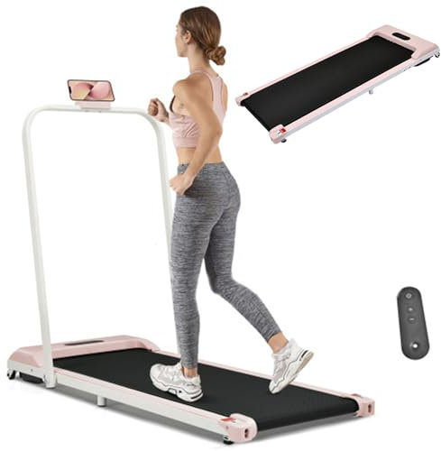 Aufun 2 in 1 Laufband klappbar, Walking Pad unter dem Schreibtisch mit APP, Bluetooth und Fernbedienung, Laufband für Zuhause & Büro, 1-6 km/h Home Treadmill, LCD Display(Rosa)