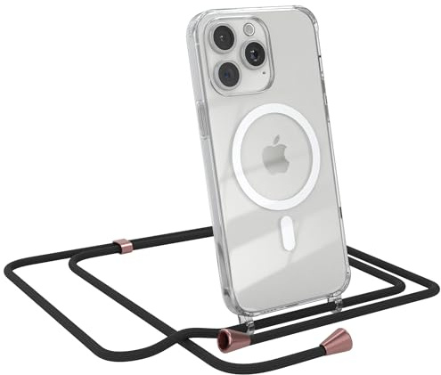 EAZY CASE - Handykette kompatibel mit iPhone 15 Pro Max Kette zum Umhängen Stoßfest Handyhülle für iPhone 15 Pro Max Silikon Hülle mit Band Transparent als Fallschutz in Schwarz - Clips Rosé