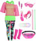 80er 90er Jahre Outfit Damen 20 Stück 80iger Retro Kostüm Off Shoulder Netzshirt Frauen mit Leggins Neon Kleidung Zubehör Set Bauchtasche Ohrring Netzhandschuhe Armband Halskette Bad Taste Outfit 22XL