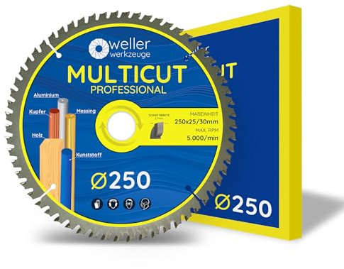 WELLERWERKZEUGE | Profi MULTICUT Kreissägeblatt Sägeblatt 250x30mm + 25mm 60 Zähne für Holz Kunststoff Aluminium passend für Akku Kreissäge Tischsäge für Bosch Einhell Scheppach