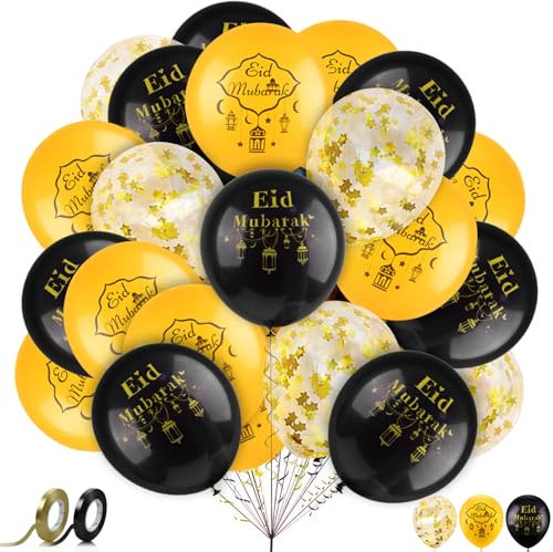 AhfuLife 32 Stuck Eid Mubarak Dekoration Latex Ballons, Stern Mond Pailletten Schwarz & Gold Eid Luftballons Ramadan Mubarak Kareem Dekorationen für Muslim Islamische Party Umrah Mubarak Deko