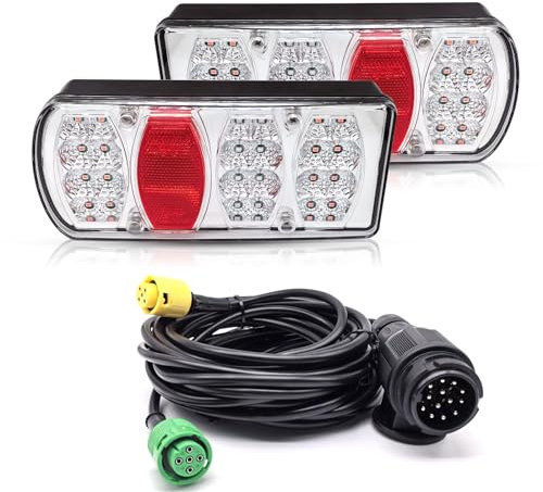 AOJO 13-Poliger LED Rückleuchten Satz für Anhänger, Wasserdicht Anhängerbeleuchtung 13 polig mit 5m Kabelsatz, 12V 24V LKW Rücklichter Set mit E-Geprüfte