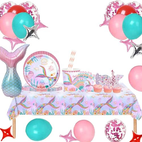Aszaui 109 Stück Meerjungfrau Geburtstag Deko,Geburtstagsdeko Mädchen,Meerjungfrau Partygeschirr Set ,Meerjungfrau Party Kindergeburtstag Set für Meerjungfrauen Deko Kindergeburtstag für 16 Gäste