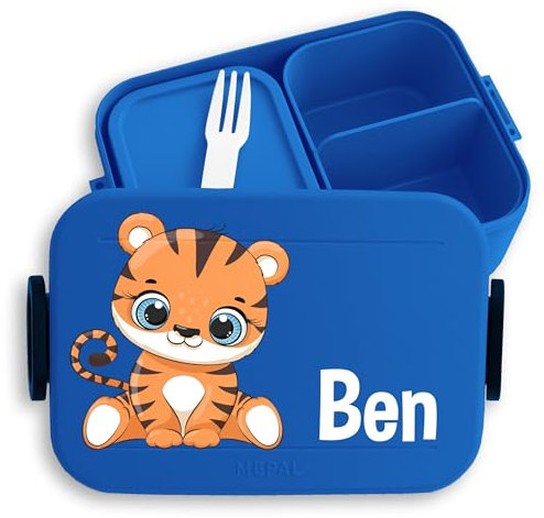Kinder Bento Box Midi Lunchbox für Mepal Bentobox - Tiger süß Tigermotiv Großkatze Raubtier - 900 ml - Blau - brotdose zootiere fächern personalisierte essen
