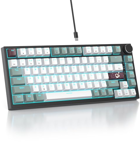 Mosptnspg 75% TKL Wired Mechanical Keyboard,RGB Backlit Gasket Mount 82 Key Hot Swappable Custom Linear Red Switch Gaming Keyboard with Volume Knob & PBT Keycaps (82 Misty)