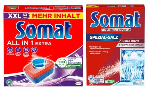 SOMAT Tabs 63 AW all in 1 Extra, Geschirrspül Tabs für strahlende Sauberkeit, bekämpfen selbst eingetrocknete Rückstände + Somat Duo Power Experten Spezial-Salz 1,2kg