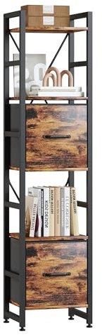 TREETALK 5 Tier Bookcase,Tall Narrow Bookshelf with 2PCS Fabric Drawers, Industrial Display Standing Shelf Units with 2 X-shape Frame, Storage Rack for Living Room,Bedroom, Home Office (Rustic Brown)