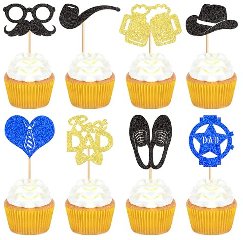 Blumomon 24 Pack Happy Father's Day Cupcake Toppers Glitter Best Dad Cupcake Decoration Picks Father's Birthday Party Cake Decoration Supplies
