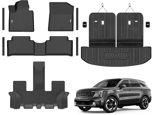 Fußmatten für 2021-2025 Kia Sorento 6 & 7 Sitze (Nicht für Hybrid) Kofferraummatte mit Rückenlehnen-Matte Allwetter TPE Gummi Cargo Liner Rücksitzbezug 3. Reihe für 2021 2022 2023 2024 Kia Sorento