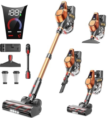 Aspiradora sin Cable 45KPA/550W/60Mins Potente Aspiradora Escoba Vertical Antienredo Aspirador Escoba sin Cable con 1,5L Gran Capacidad Aspiradora Inalámbrica para Suelo/Alfombra/Pelo de Mascota