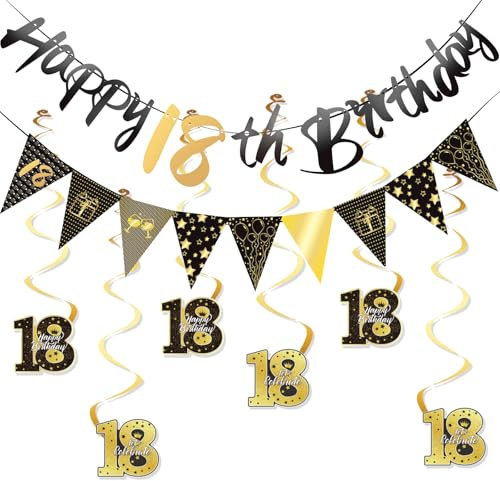 Scettar 18th Geburtstag Deko Set, geburtstagsdeko 18, 18. Partydeko, Doppelseitiger Druck Dreieckige Flagge, Schwarzes Gold Spiralanhänger, Geburtstag Banner auf Englisch für Jungen und Mädchen
