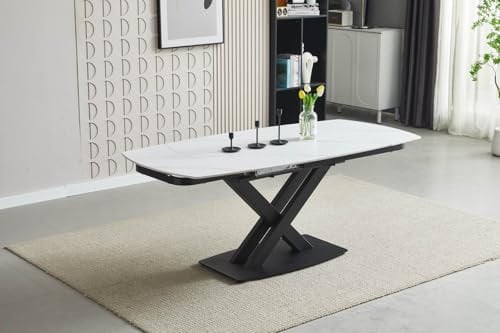 Der ausziehbare Design-Esstisch Inception (120-180 cm) in anthrazitfarbenem Keramik mit schwarzem X-Gestell wird als Ausstellungsstück verwendet. Es ist das letzte Stück auf Lager. Weißer Albaster