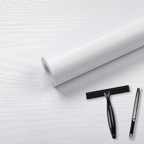 Abyssaly White Vinyl Wrap Sticky Back Plastic Roll, Wood Effect Self Adhesive Wallpaper Toolkit Included, Waterproof Stick on Wallpaper 60cm X 300cm for Decorative Kitchen Worktops