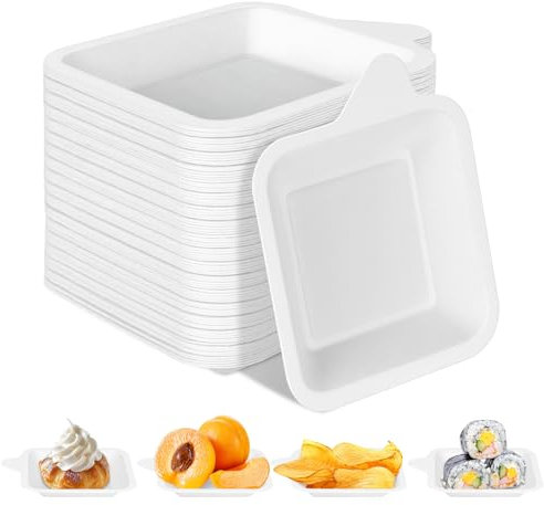 LeonBach Lot de 200 petites assiettes en carton jetables en vrac de 10,2 cm - Assiettes carrées blanches en fibre de canne à sucre et bagasse - Pour dessert, gâteau, apéritif - Pour fête, collation,