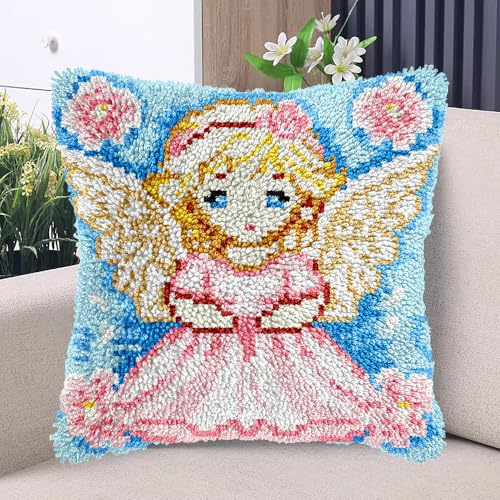 Cute Angel Girl with Wing DIY Latch Hook Kits Pillow with Printed Canvas Handmade Cushion Crochet Yarn Embroidery Hook and Latch Kit Pillowcase Christmas Decor 43x43cm
