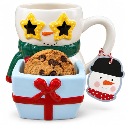 eBoutik - Festive Novelty Christmas Mug with Cookie Holder - Xmas Eve Movie Treat Gift Hot Chocolate Cup for Children & Adults - (Snowman Star Glasses)