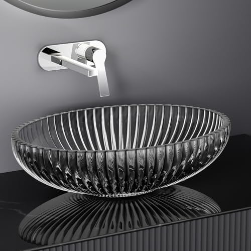 EMKE Aufsatzwaschbecken Glaswaschbecken Oval, Waschbecken Glas Transparent Schwarz, 51 x 35 x 15 cm, Hochwertiges Handwaschbecken für Badezimmer & Gäste-WC, Waschschale ohne Hahnloch