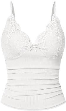 GORGLITTER Women's Deep V Neck Scalloped Bow Lace Cami Tops Ruched Sexy Skinny Crop Tops White Small