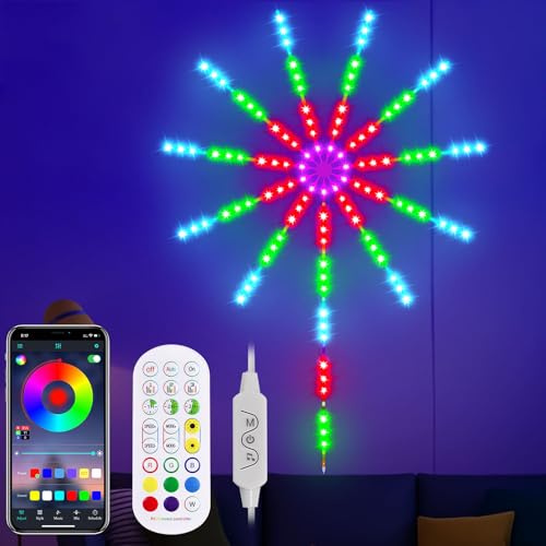 Skeadex LED Feuerwerk, Bluetooth Feuerwerk Lichterkette mit App Fernbedienung, Traumfarben LED Feuerwerkslicht Sync mit Musik, RGBIC Firework Streifen LED Starburst Lichter für Party Heimdeko (1.5m)