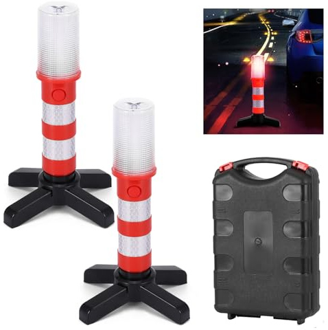 LED Emergency Lights, 2 Pack Roadside Warning Flares Car Road Safety Lights, Flashing Road Safety Work Light with 3 Flashing Light Modes with Storage Case for Traffic Warnings/Roadblocks/Camping