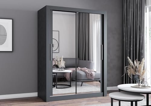 Easy4You MN Grau Schiebetürenschrank Kleiderschrank 180x215x64 cm mit Spiegel - Schlafzimmermöbel, Aufbewahrung – Mehrzweckschrank mit 2 Kleiderstangen