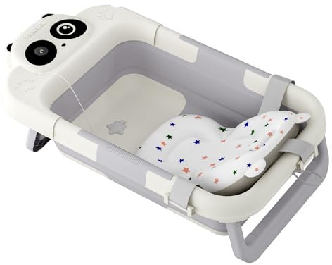 NAIZY Vasca da bagno pieghevole per bambini, 68 x 41 x 19 cm, con tappetino da bagno e termometro e schermo della temperatura, navicella antiscivolo, portatile, colore: grigio