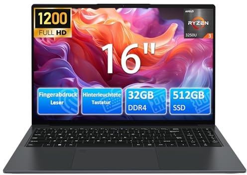Molegar 16 Zoll Business Student Laptop mit Beleuchteter Tastatur,1920×1200 FHD IPS Display,32GB RAM 512GB SSD,AMD Ryzen3 3250U(Beats N95/N5095),1MP Webcam,WiFi,BT,HDMI,USB,Type-C,Fingerprint,Numpad