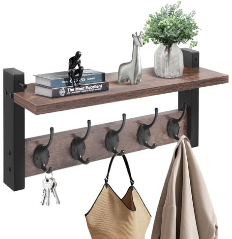 QCXWCJWD Rustic Wall-Mounted Coat Rack with Shelf and 5 Hooks, Double Layer Entryway Organizer for Coats Hats Bags and Essentials, Coat Shelf Hooks Ideal for Hallway Bedroom Bathroom
