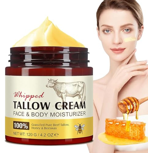 Rindertalg für Haut, Beef Tallow Creme, Bio Beef Tallow Skincare, Gefütterter Rindertalg und Honigbalsam, 100% Grass Fed Tallow für Gesicht und Körper, Rinderhalsbalsam für Feuchtigkeit, 120g