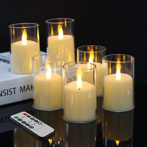 Kuandawei 6 Pack Flickering Flameless Votive Candles with Timer and Remote, Battery Operated Long Lasting 300+ Hours, Small Pillar LED Fake Candles for Wedding Home Decor, Acrylic Shell, 2 x 3