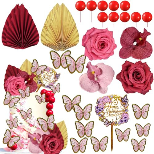 SDIDVIEXPERT 29 PCS Rose Artificial Flower Leaves Cake Decorations Paper Palm Fan Cake Toppers Ball Cake Decorations for DIY Wedding Birthday Party Baby Shower Valentine's Day(Red)