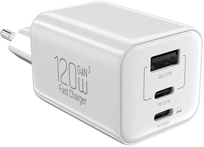 1pcs Cargador USB C Enchufe EU 120W 3 Puertos con PD3.0 de 65W PPS Adaptador de Tipo C Carga Rapida USB Fast Charger para Samsung Galaxy S25 Ultra/S24/ Google Pixel/iPhone 16 Pro Max/15/14 Plus/iPad