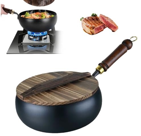 Wok Non Stick, 2025 New Chinese Handmade Cast Iron Wok with Wooden Lid, Cast Iron Frying Pan No Chemical Coated, Traditional Carbon Steel Woks, Ideal for Induction, Gas, All Hobs (28cm / 11.02Inch)