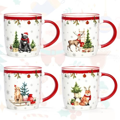 Joymaking Weihnachtstasse 4er Set, Weihnachten Kaffeebecher Set, Frohe Weihnachten Geschenk für Frauen Freunde, Weihnachtstasse mit festlichem Design Weihnachtstassen für heißen Kakao Glühwein, 310ml