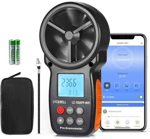 LYCEBELL Smart Anemometer with APP Control & Data Logging – Wireless Wind Speed Gauge Temperature Meter for HVAC, Drones, Sailing, Surfing, with MAX/MIN/AVG, Compatible with Zigbee Gateway