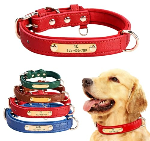 Collar de cuero personalizado para perro con placa de identificación grabada, collar de perro personalizable ajustable perfecto para pequeño, mediano, grande, XL