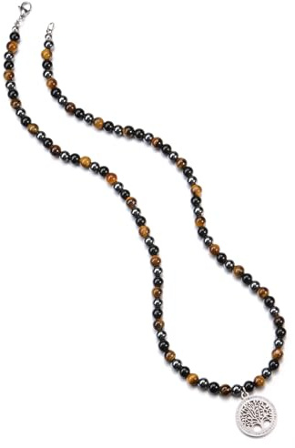 Jovivi Collier Oeil de Tigre 6mm Perle Pierre Naturelle Pendentif Arbre de Vie Collier Sautoir Longue Pierre Précieuses Porte Bonheur Protection Ras du Cou Bijoux Cadeau pour Homme Femme